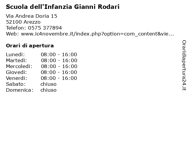 Orari di apertura Scuola dell Infanzia Gianni Rodari Via